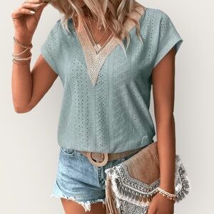 Seafoam Green Embroidered Lace V Neck Boho Eyelet Short Sleeve Short Medium New